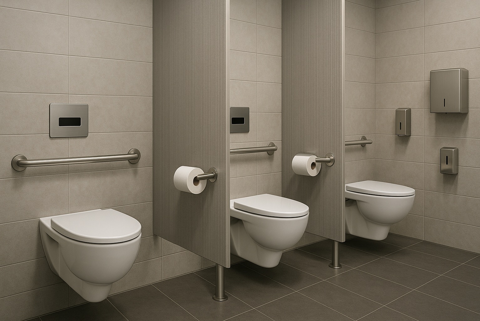 Corporate or hospitality restroom with concealed flush valves, privacy screens, and coordinated accessories